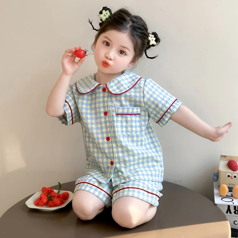 儿童睡衣夏季薄款小女孩空调服韩版宝宝娃娃领开衫套装女童家居服