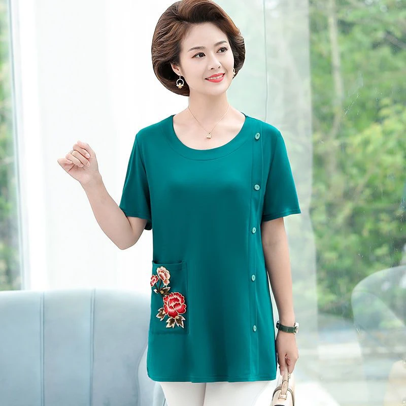 大码妈妈装短袖宽松T恤中老年加肥加大女装