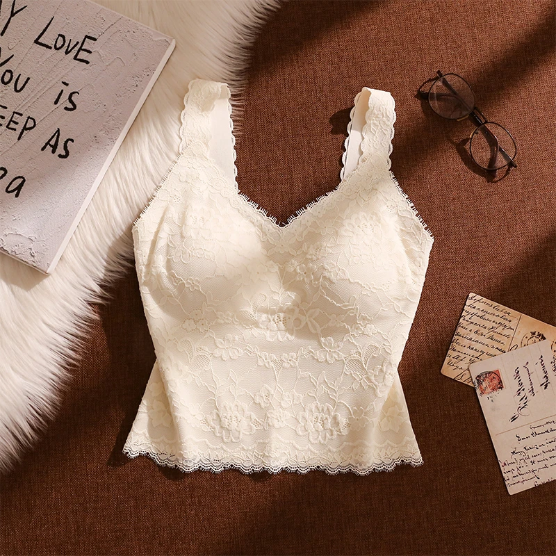 法式睫毛蕾丝磨毛美背吊带背心女秋冬内搭带胸垫性感修身打底上衣