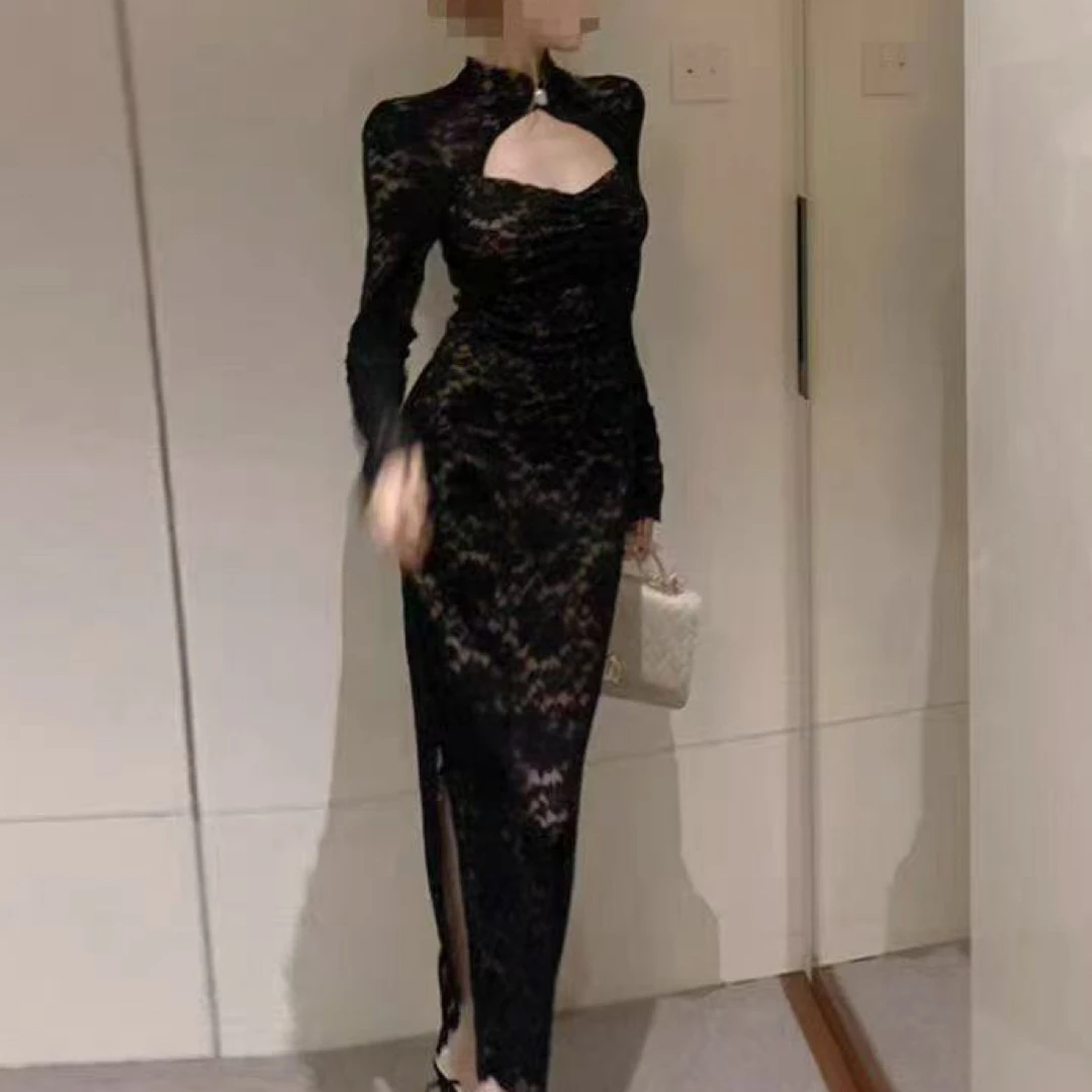 大码气质性感修身蕾丝镂空收腰连衣裙名媛显瘦旗袍开叉秋冬3711