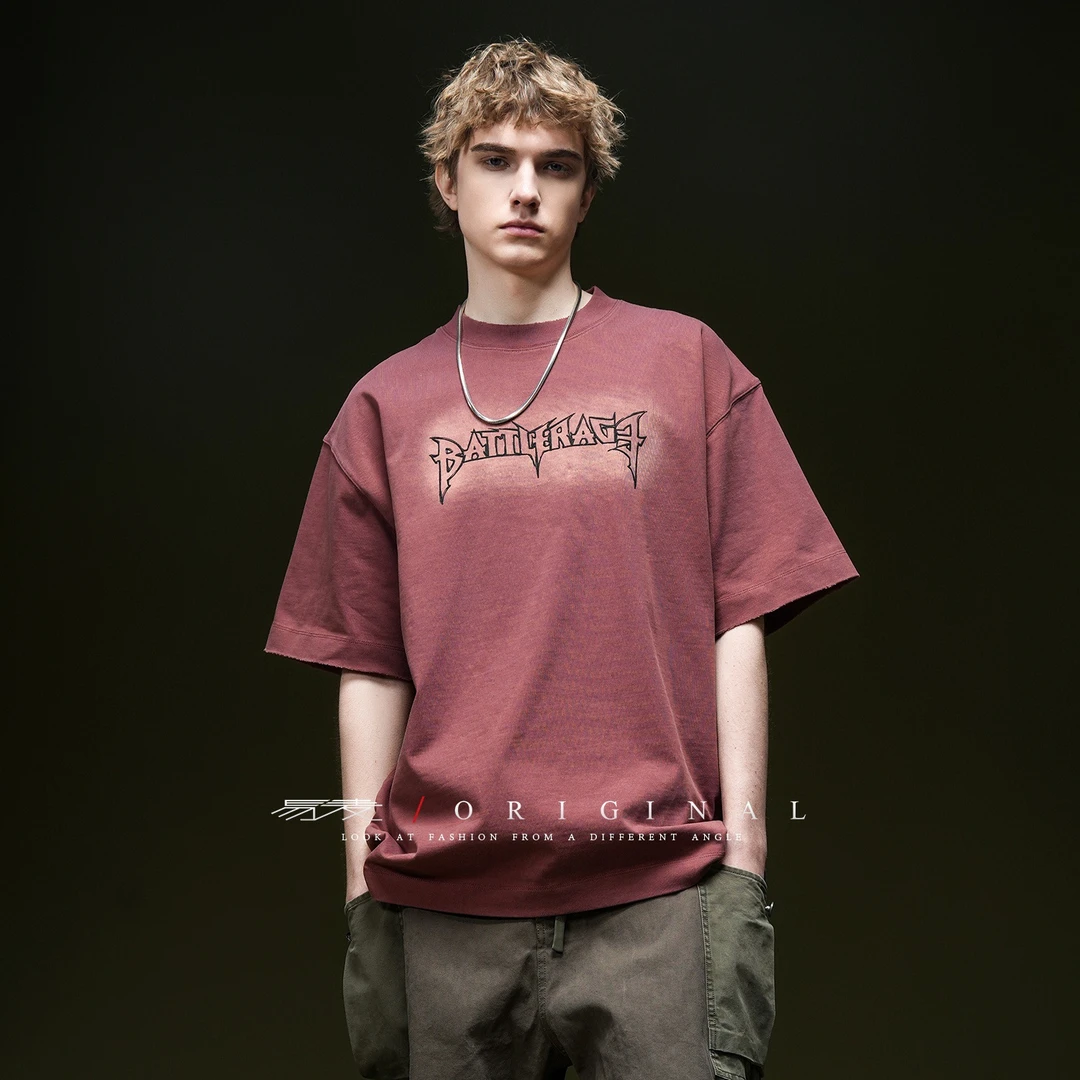 易麦2025新重磅圆领休闲美式潮牌复古宽松体恤短袖t恤男夏季