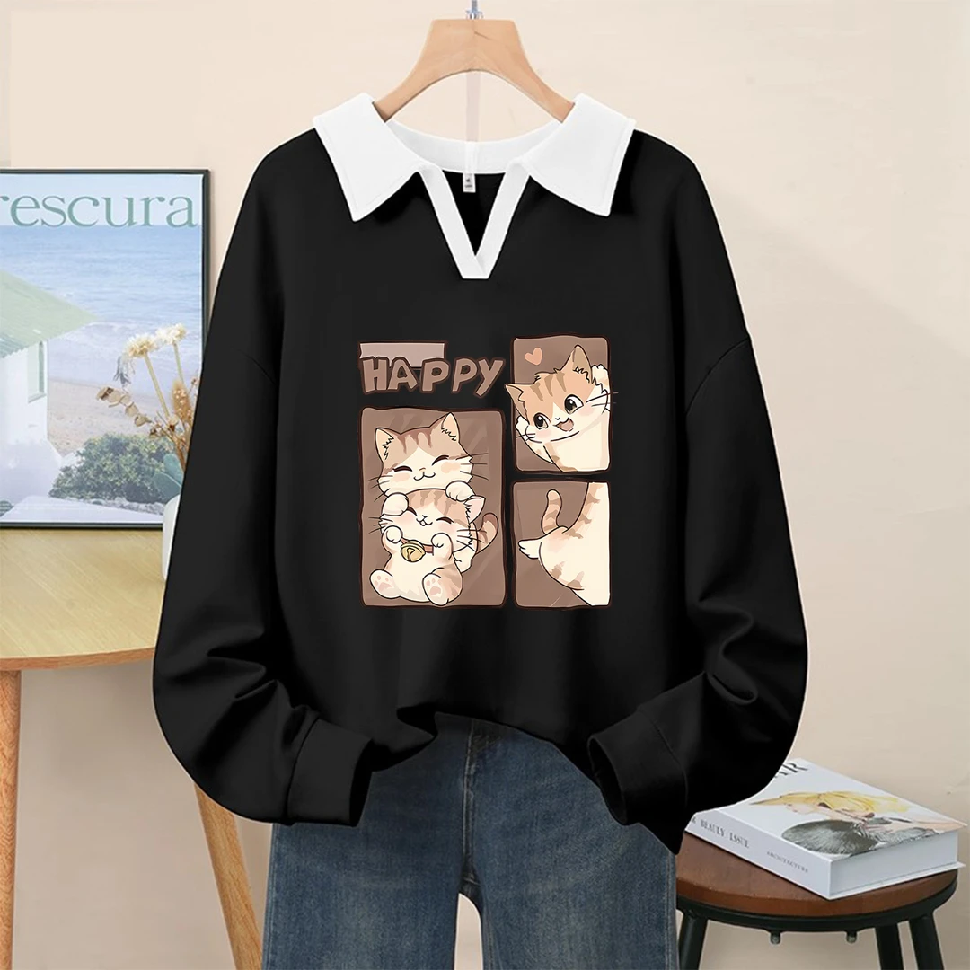 美式复古翻领polo卫衣女秋冬季加绒加厚慵懒风大码设计感小众上衣