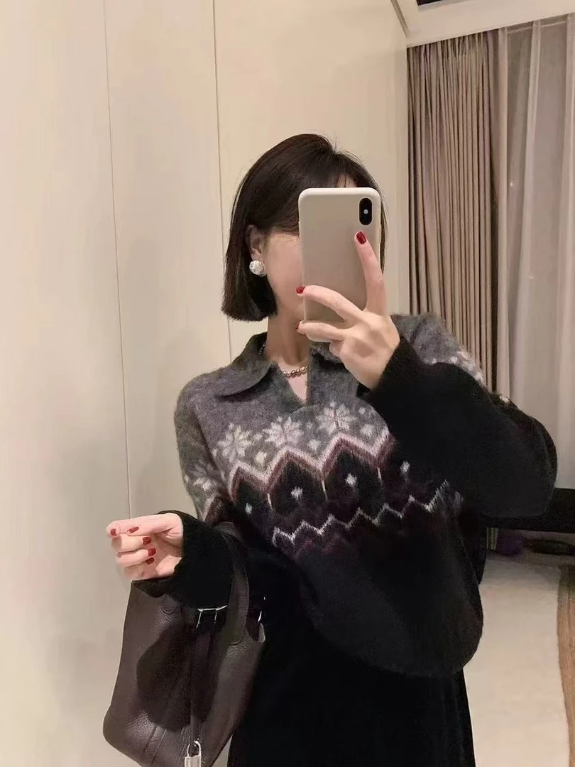 8543复古几何翻领费尔岛毛衣女氛围感套头衫减龄百搭