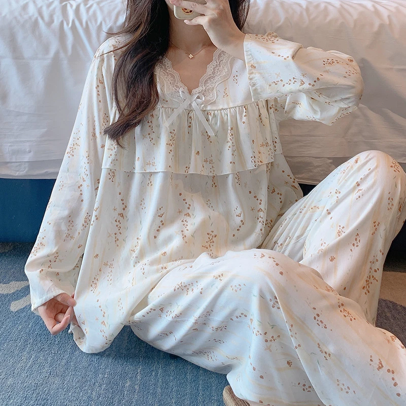 防凸点棉绸睡衣女春季新款宽松可外穿家居服免穿内衣纯绵绸两件套