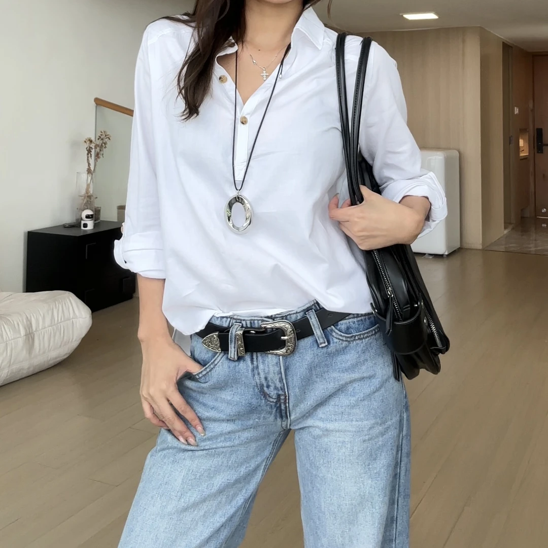 【部分现】2025秋纯棉减龄洋气宽松通勤纽扣长袖套头衬衫Q252072
