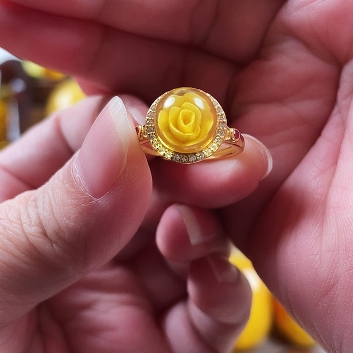 琥珀银S925镶嵌裸石戒指