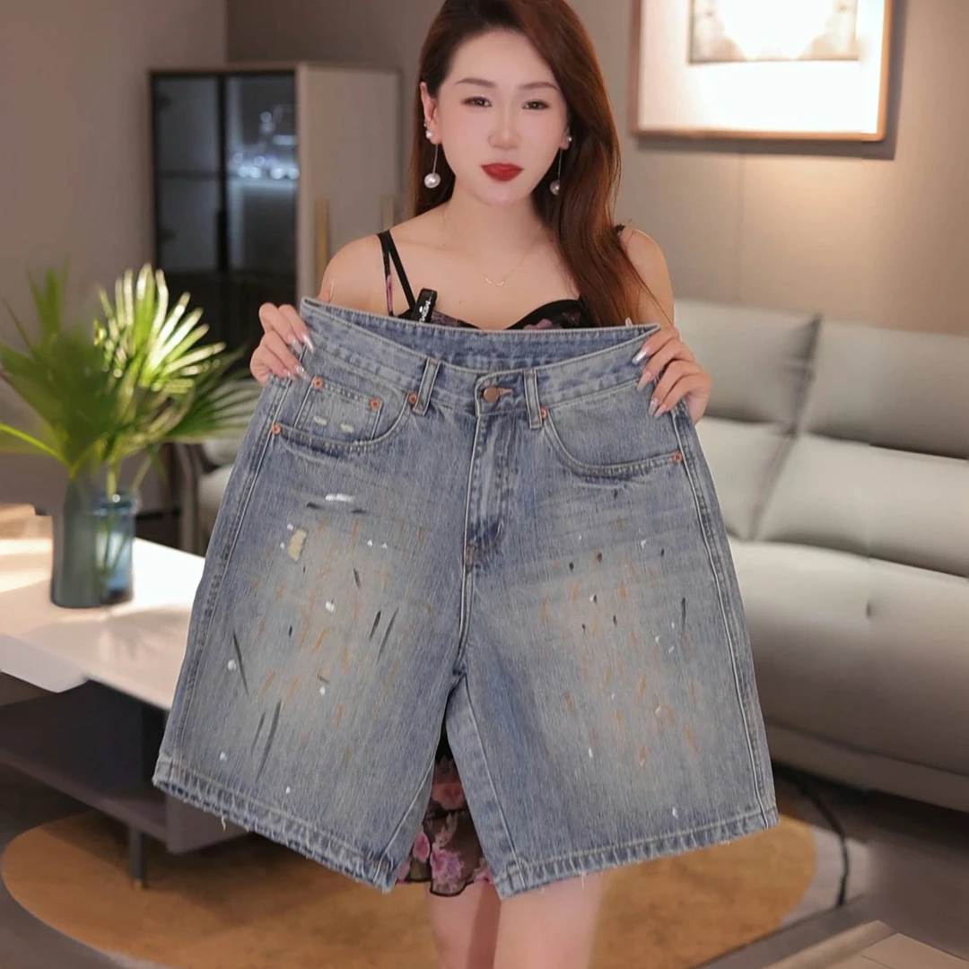 INTI夏季薄款原创高端复古泼墨男士牛仔裤短裤中裤五分裤宽松直筒