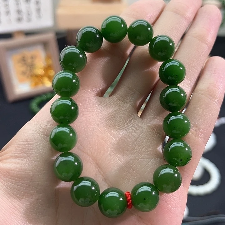 和田玉颈饰未镶嵌碧玉-老坑菠菜绿-12mm手串