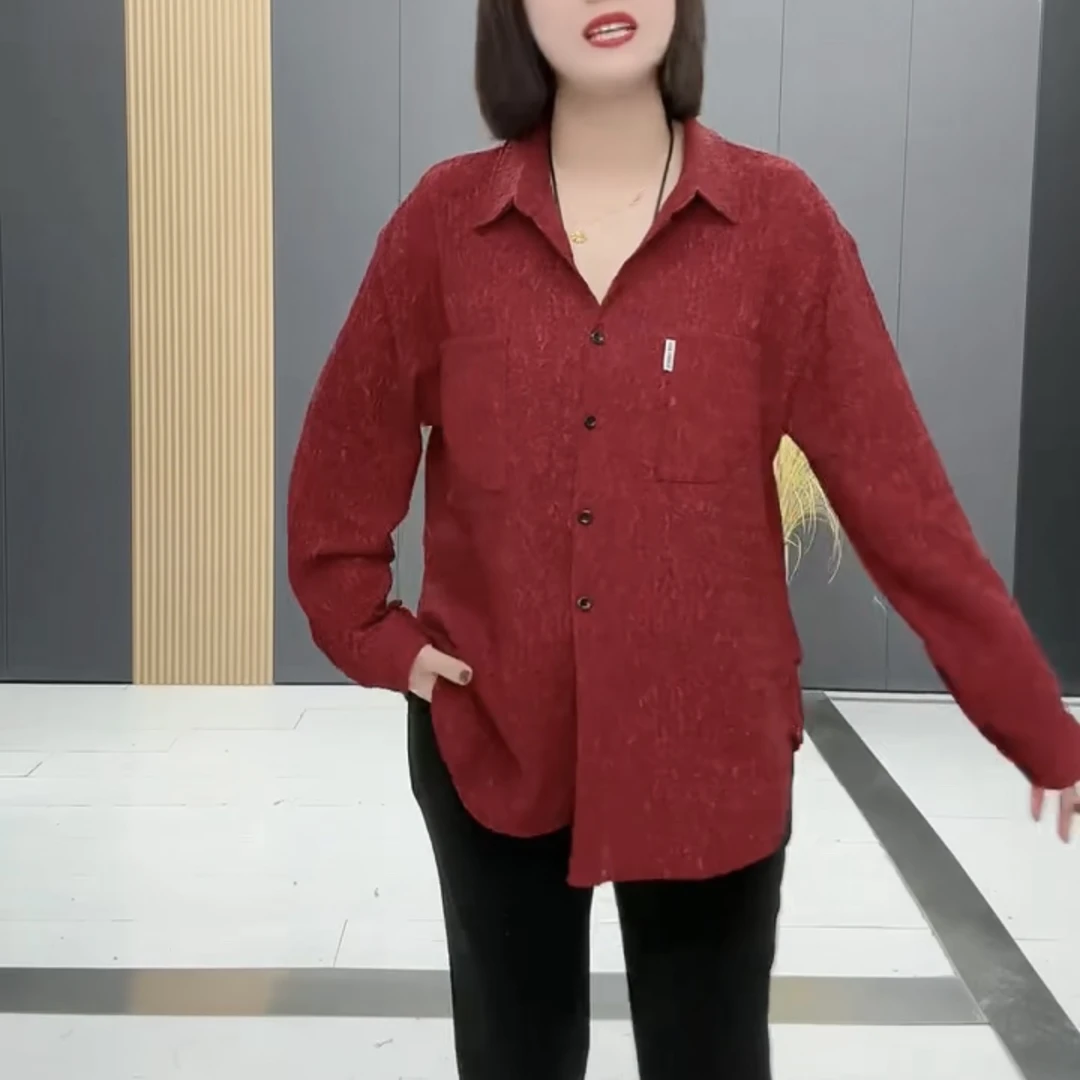 2817*款大码时尚洋气衬衫翻领百搭秋冬休闲宽松长袖衬衫上衣