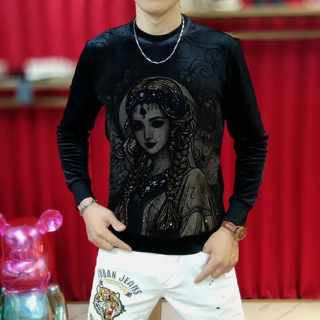 秋季新款时尚美人烫钻休闲圆领男士T恤潮流修身帅气丝绒长袖卫衣