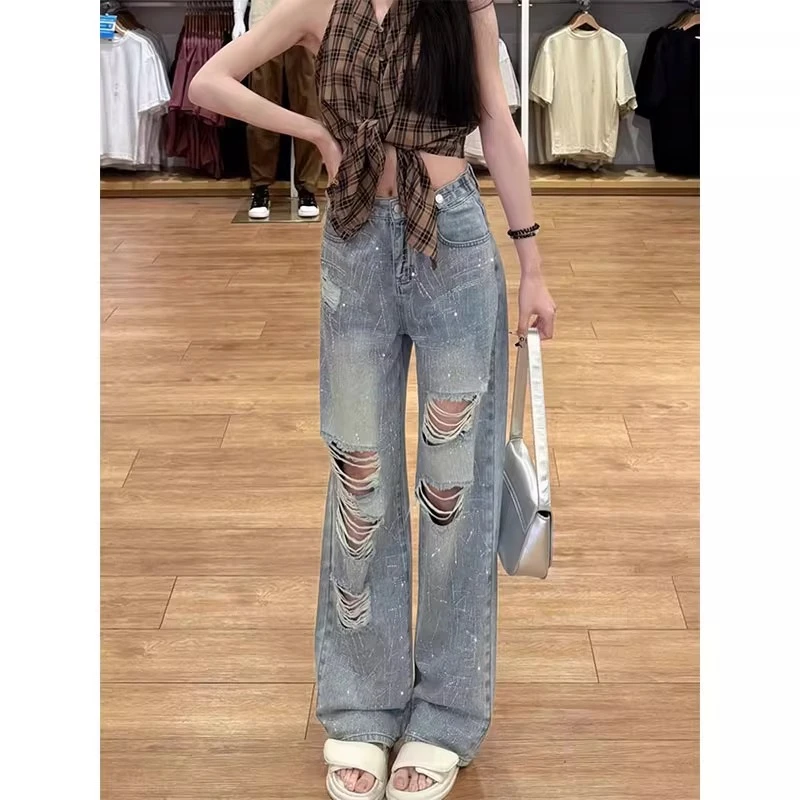 阔腿直筒烫钻高腰显瘦直筒阔腿裤