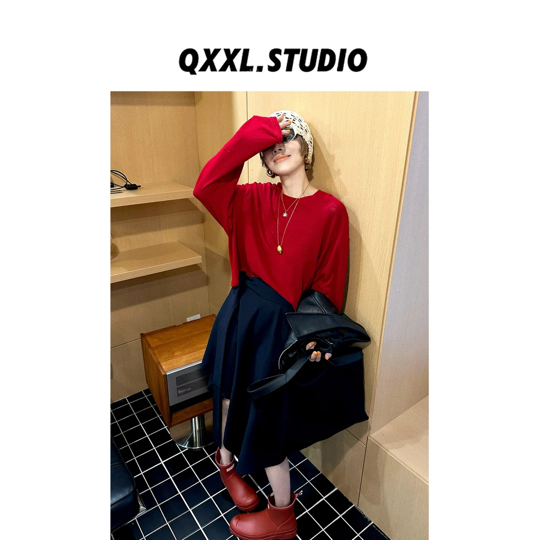 邱小小丽呀 圆领宽松长袖T恤女百搭纯色韩系慵懒感打底上衣