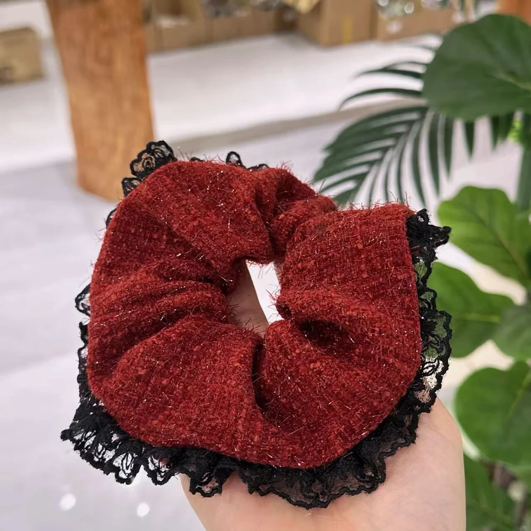 新款精致红色细闪黑蕾丝边发圈4881