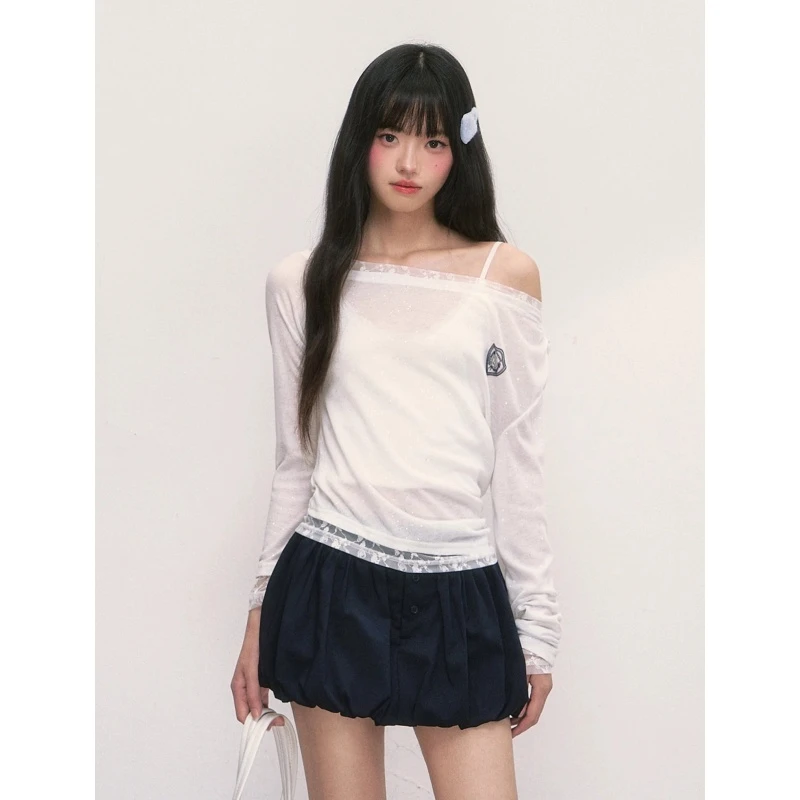 白色亮片斜肩罩衫防晒上衣女夏新轻薄休闲百搭露肩t恤