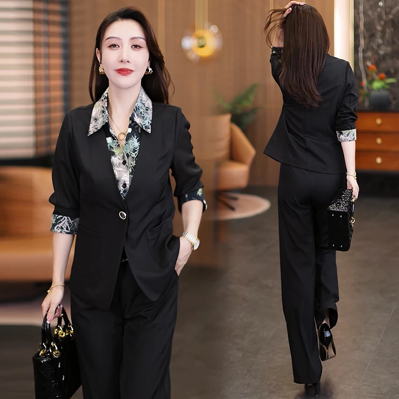 黑色套装女2025秋季新款洋气质假两件衬衣领显瘦西服阔腿裤两件套