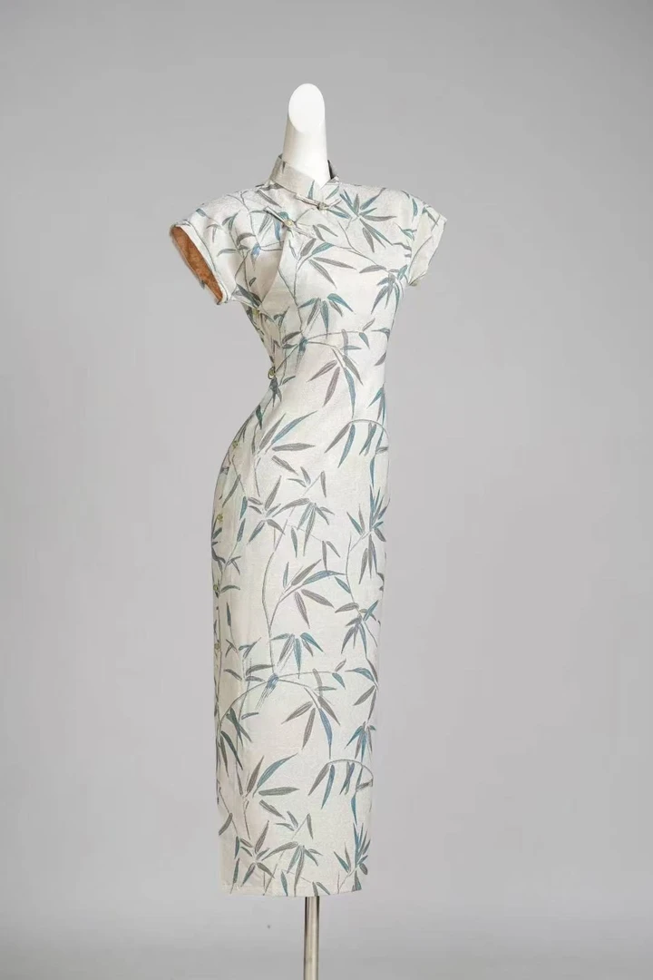 25年新款全开襟竹叶青香云提花单层透气旗袍复古修身幂式穿搭