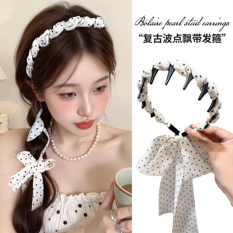 波点飘带发箍女2025新款高颅顶头箍一体式绑头发带甜美发卡子头饰