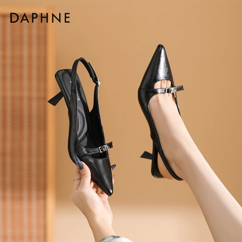 达芙妮高跟鞋百搭女鞋2025夏季包头尖头工作鞋黑色职业女鞋细跟鞋