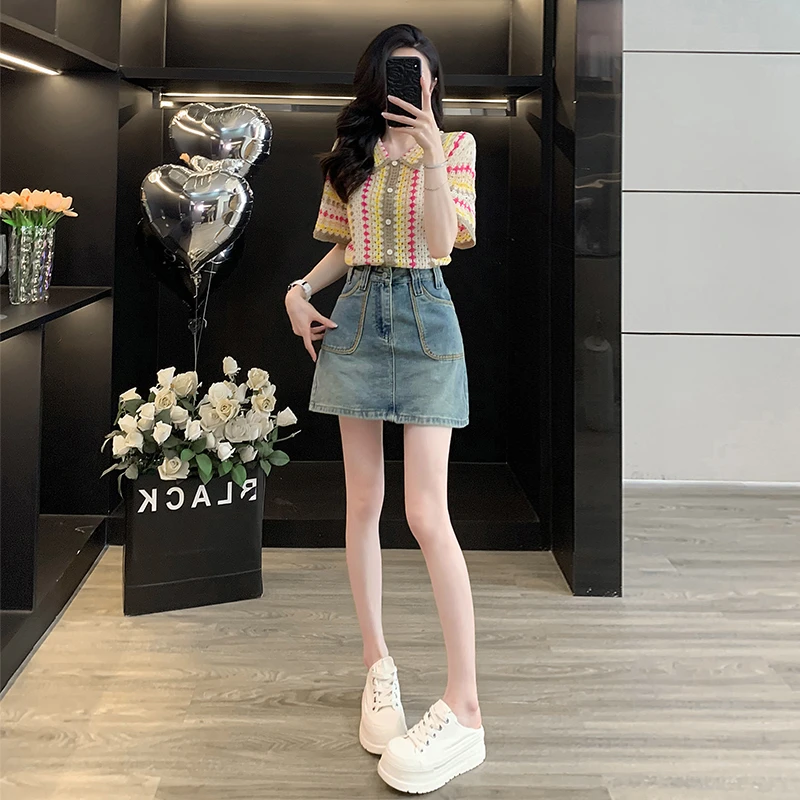 夏日穿搭一整套多巴胺女装套装女减龄炸街针织短袖包臀裙子两件套