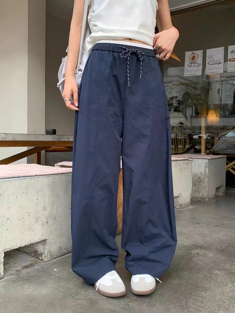 K801 简约撞色宽松阔腿裤工装裤女士初秋高腰显瘦弯刀裤子百搭