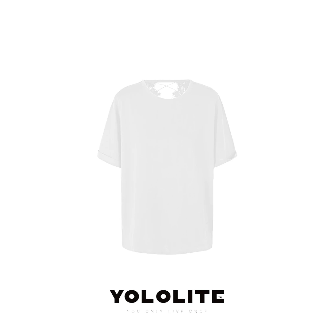 YOLOLITE【花间集】2892新款后背刺绣镂空套头圆领短袖T恤