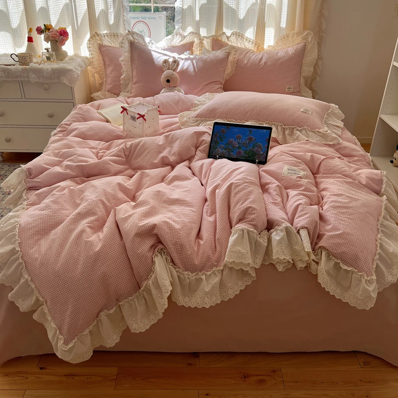 法式小清新全棉色织水洗棉花边款小格子四件套床单床笠宿舍三件套