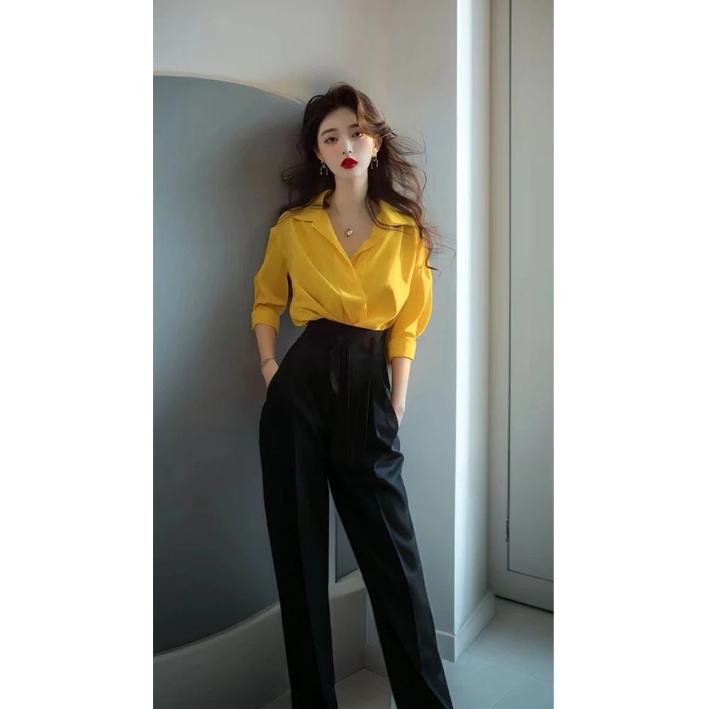 黄色长袖衬衫女高级衣服设计小众早春独特绝美上衣欧若风穿搭套装