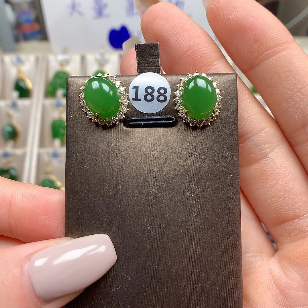 和田玉18K金镶嵌耳饰8×10