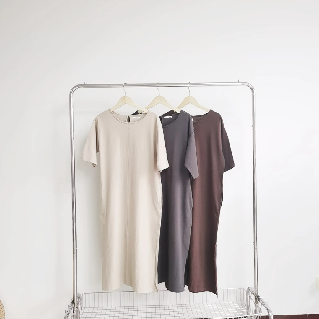 Z-15 三色圆领后系带棉质休闲直筒连衣裙