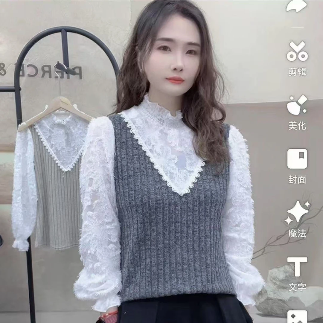 2025春季新款秋冬女时尚蕾丝拼接宽松打底长袖洋气小衫显瘦上衣