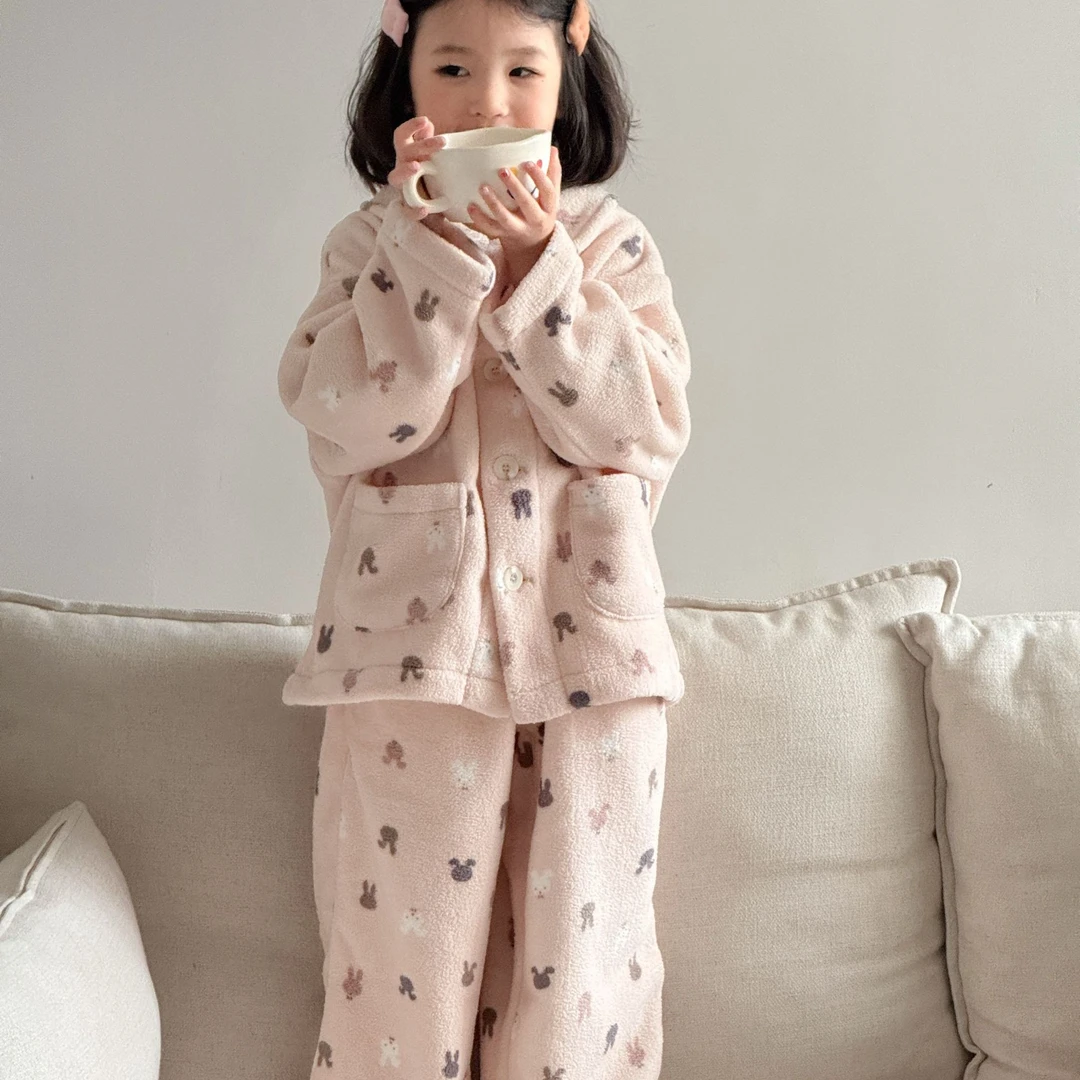 家居服套装冬季加厚小孩睡衣宽松秋冬款开衫卡通可爱亲子家居服