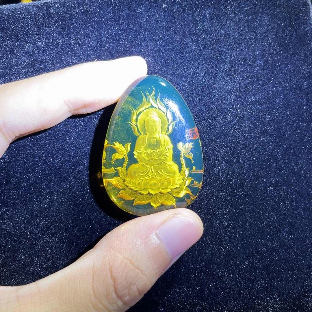 琥珀颈饰未镶嵌蓝珀大日如来阴雕吊坠
