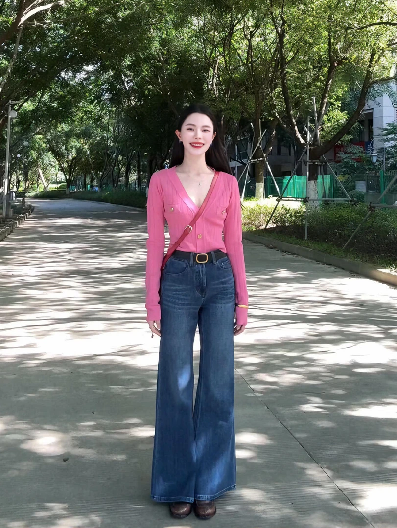 2025秋季新款韩系穿搭气质V领针织衫上衣高腰牛仔阔腿裤两件套女