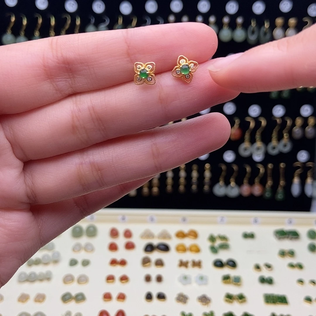 和田玉银S925镀金镶嵌耳饰