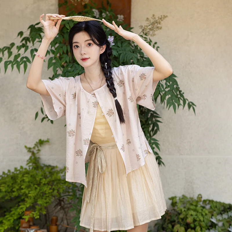 池夏【花间事:敦煌小花】唐制坦领短衫天丝短裙裤原创改良汉服 夏