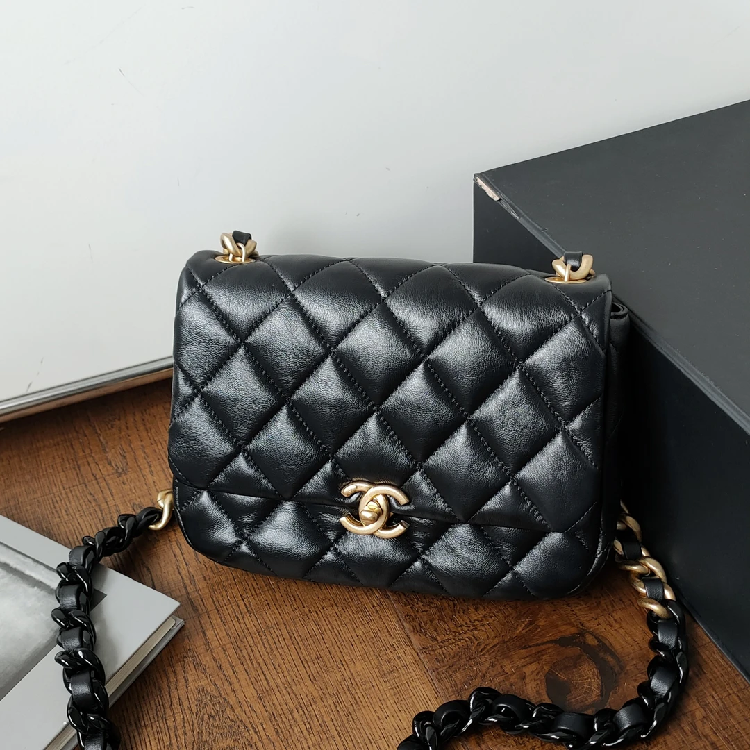 95新 Chanel/香奈儿 22S黑金羊皮鸳鸯链方胖子斜挎包50150