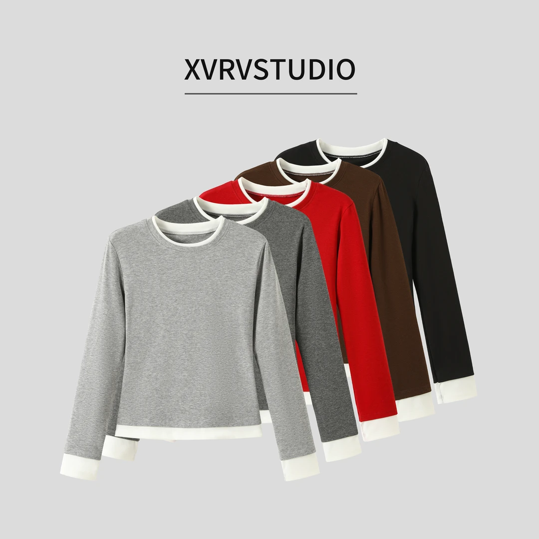 XVRV天丝棉瑜伽T恤长袖假两件正肩打底衫设计感运动上衣