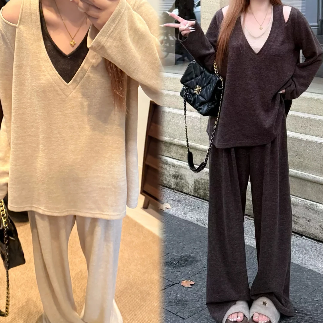 秋季新款大码慵懒风休闲显瘦上衣假两件宽松垂感阔腿裤套装
