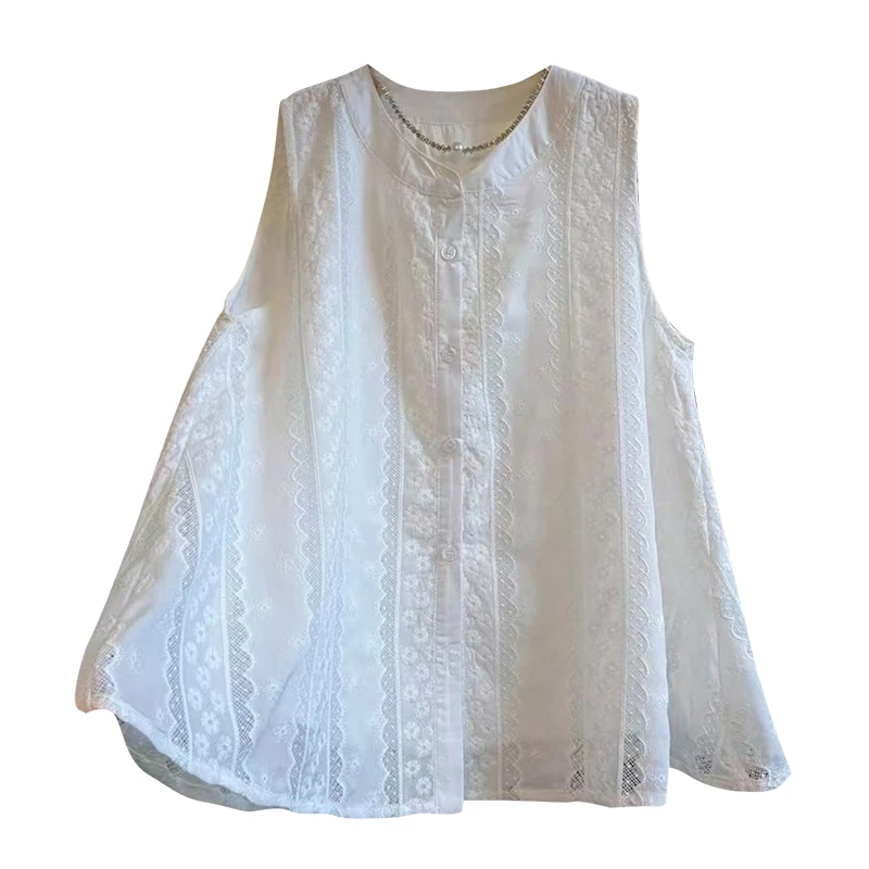 法式高级感蕾丝拼接刺绣衬衫女2025夏季新款设计感无袖娃娃衫上衣