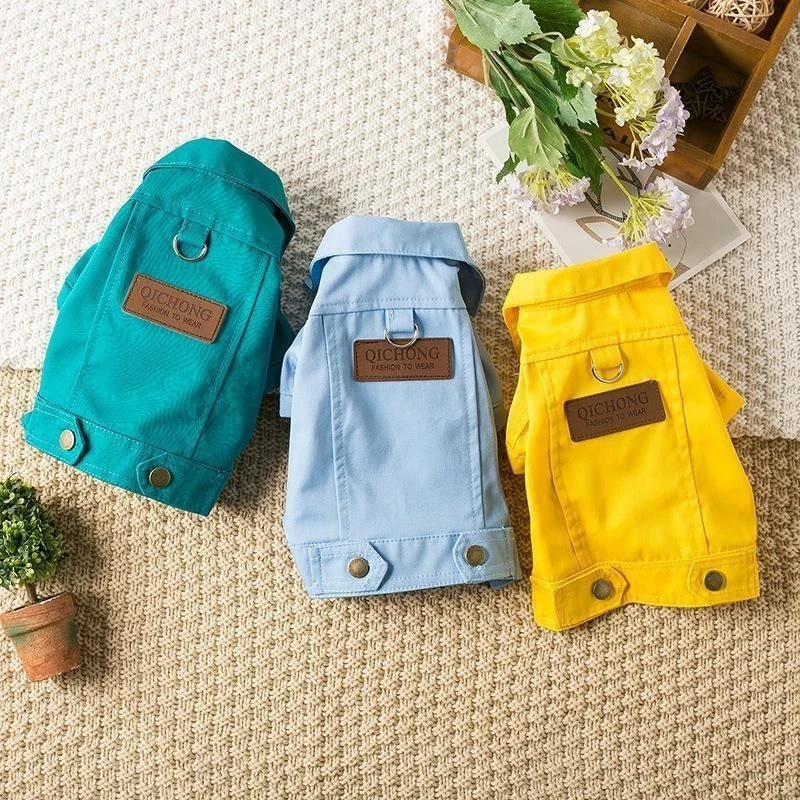 狗狗衣服可牵引猫咪春夏秋帅气牛仔夹克比熊雪纳瑞带牵引扣休闲