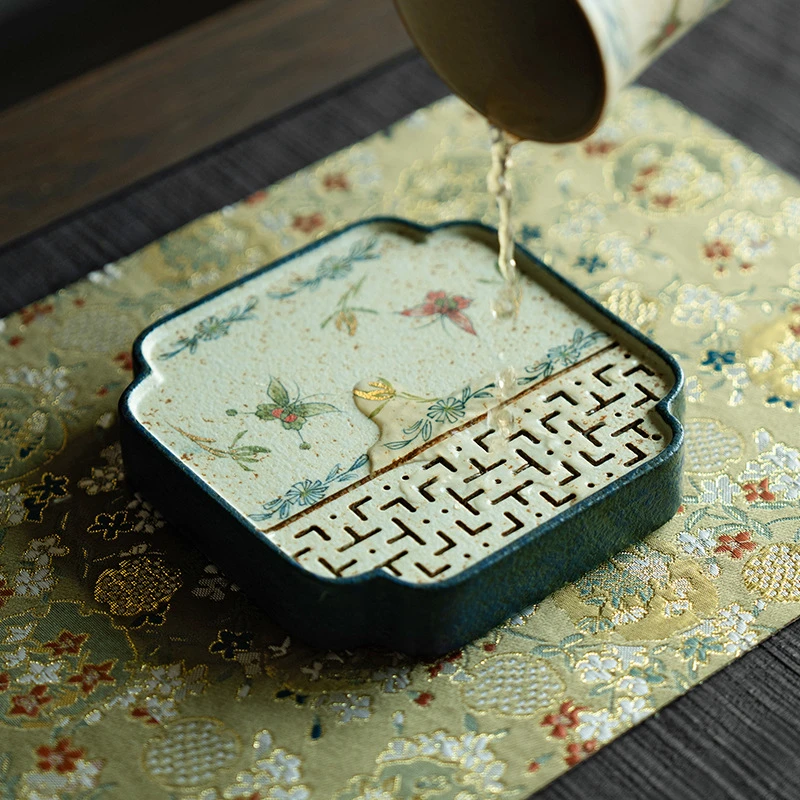 大碗茶器 青花火石红陶瓷纯手绘蝴蝶兰花储水壶承干泡茶台13.5cm