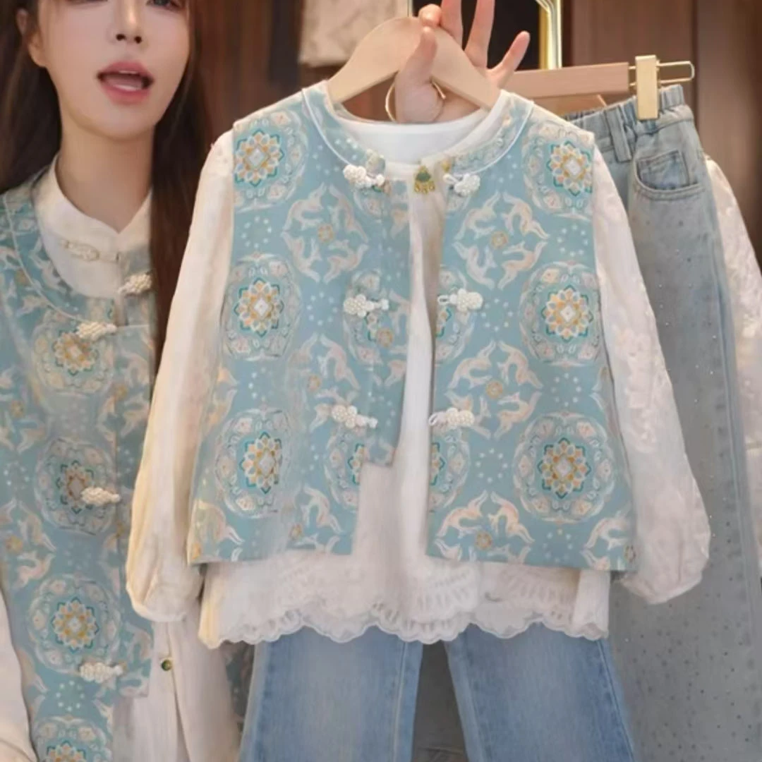 【现货】女童国风套装2025春秋新款儿童洋气中式春装马甲蕾丝衬衣潮