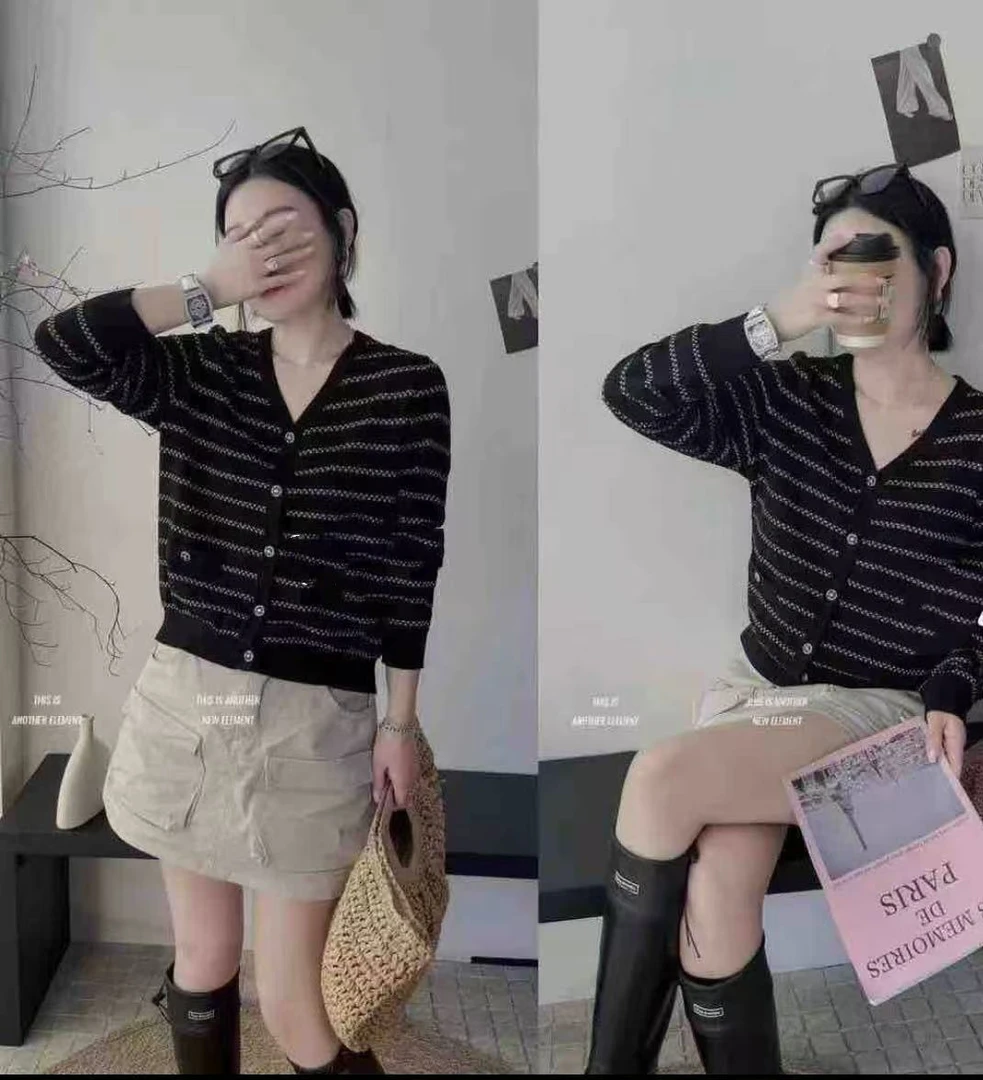 9812-3332 早秋款百搭显瘦撞色条纹小香风V领长袖针织开衫
