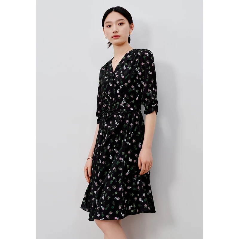 dunnu敦奴V领抽褶显瘦印花连衣裙女8T150506