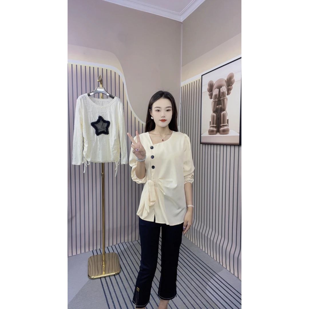 欧货新款大码胖妹妹显瘦气质长袖时尚上衣侧边绑带圆领小衫