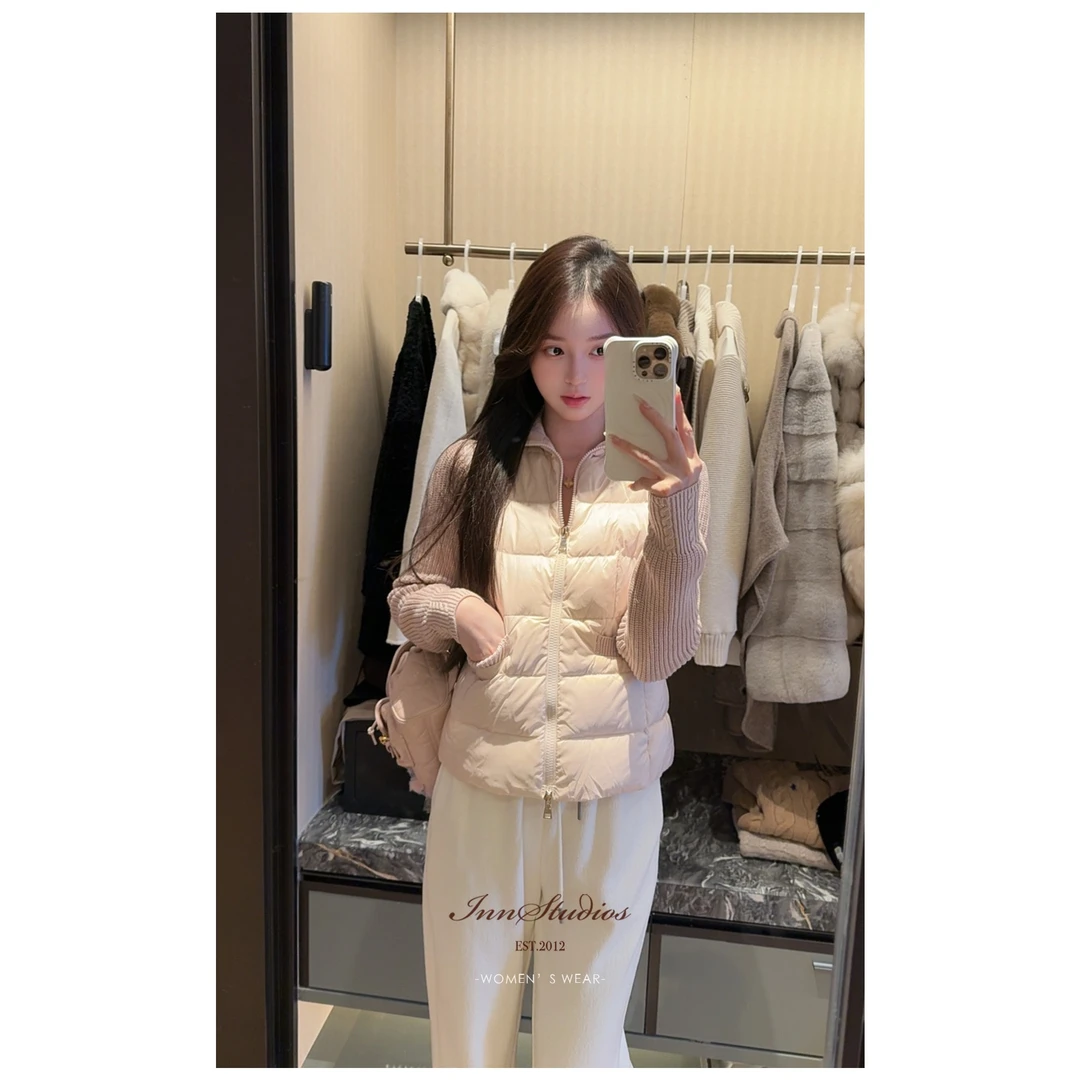 Innstudios 粉色拼接针织修身羽绒服外套