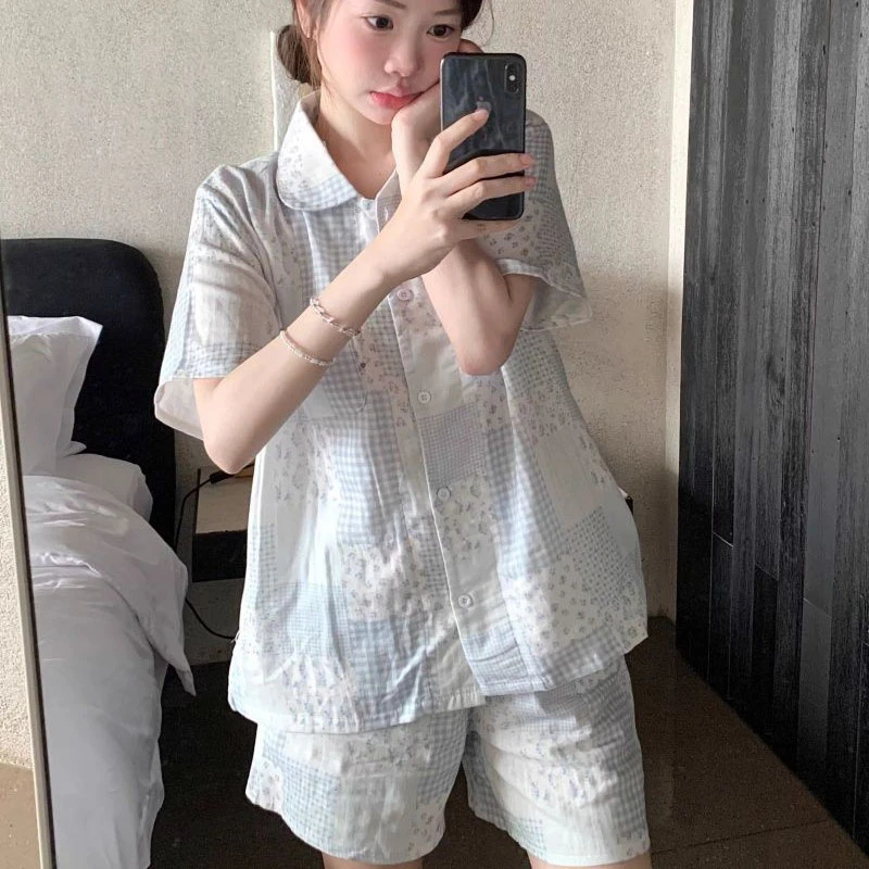 绵柔睡衣女款夏季爆款清新格子碎花娃娃领少女短袖夏天家居服套装