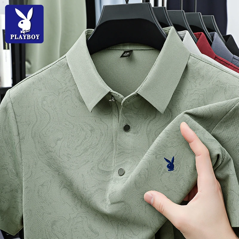 花花公子夏季冰丝无痕短袖Polo衫男士时尚休闲刺绣品牌男装T恤衫