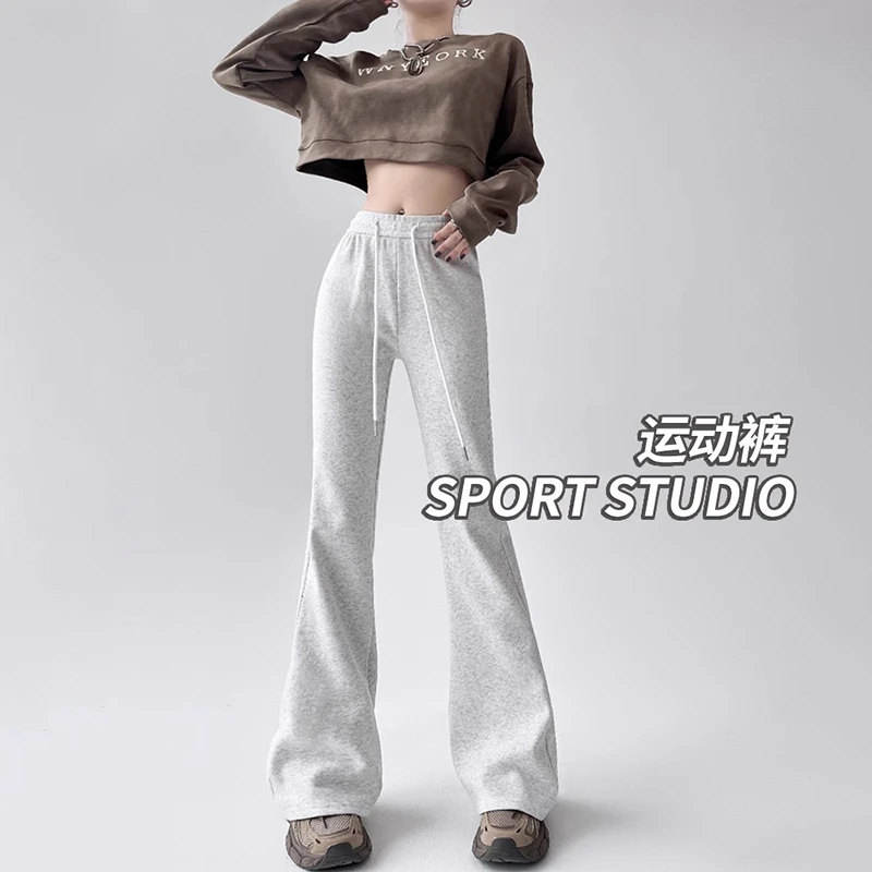 白灰色微喇叭运动裤子女春秋季2025新款高腰显瘦休闲美式马蹄卫裤