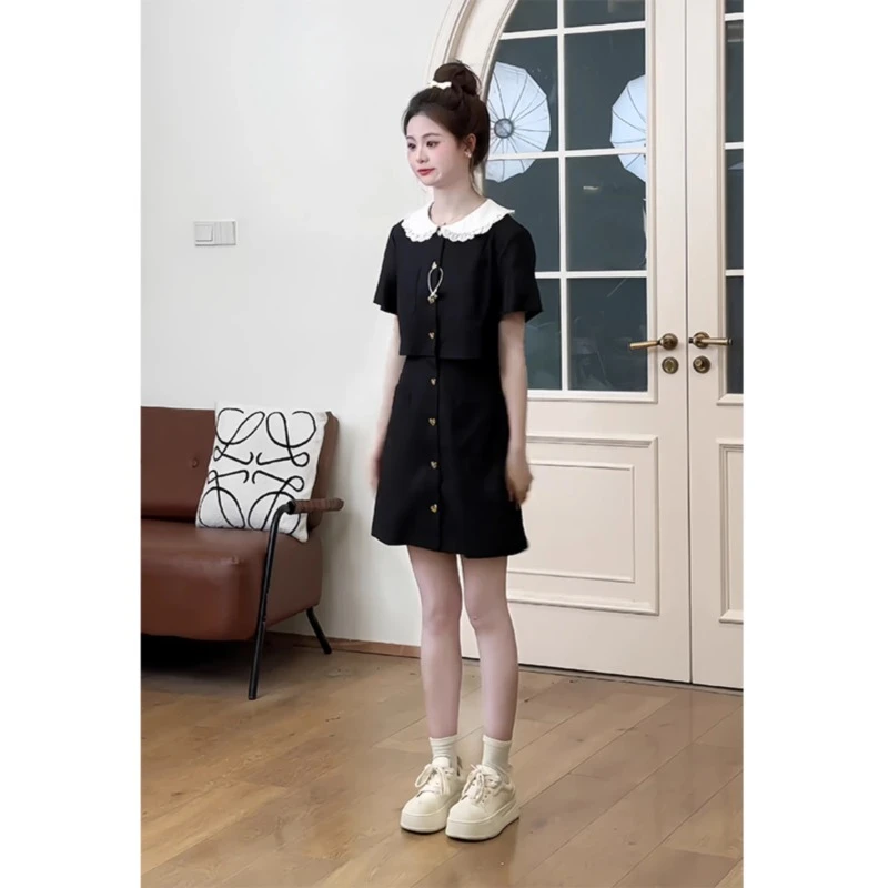 假两件小香风连衣裙夏季新款2024黑色高级气质法式裙子小个子女装